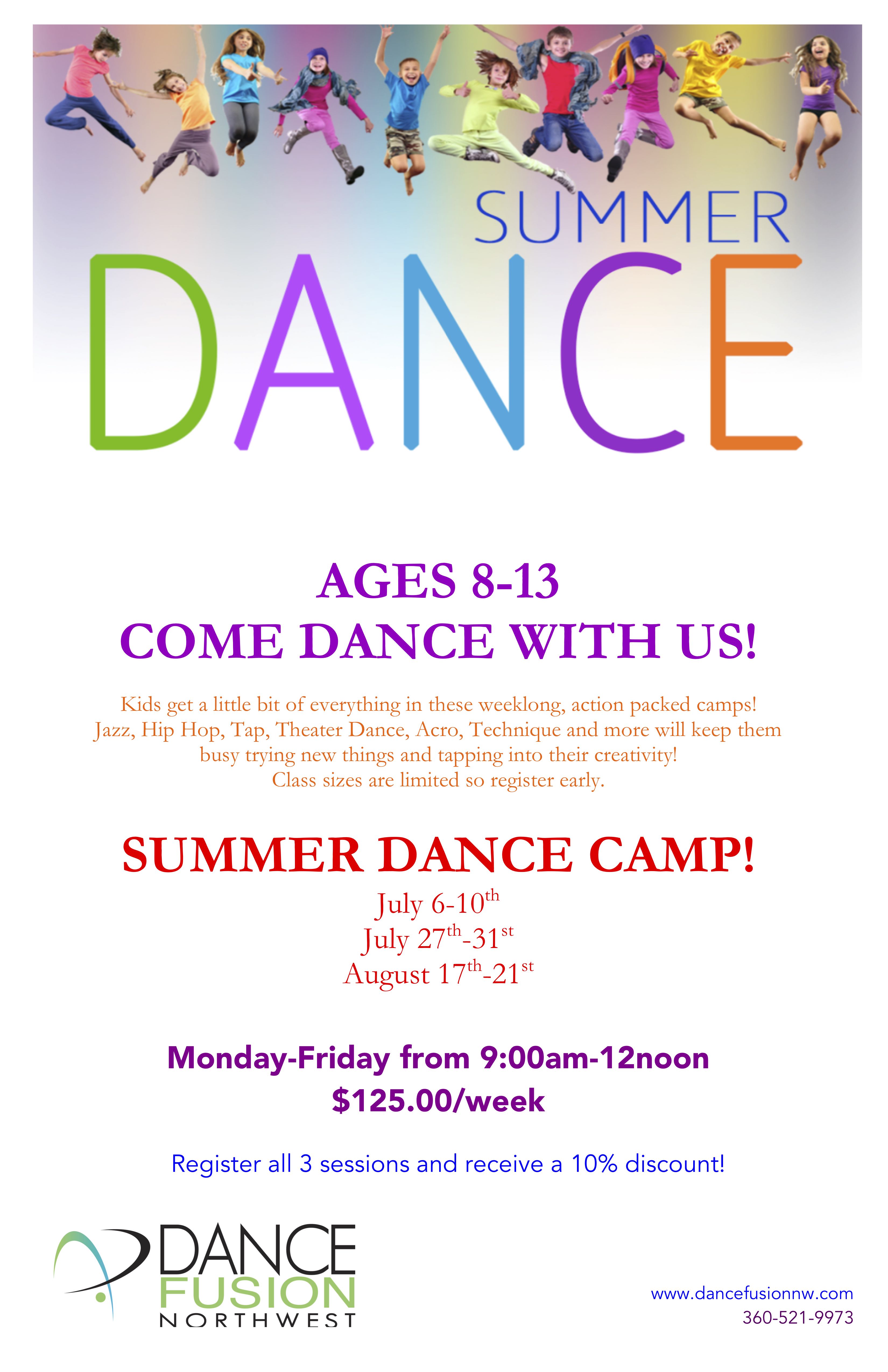 2020 SUMMER CAMP AGES 8-13 poster - Dance Fusion NW Dance Studio
